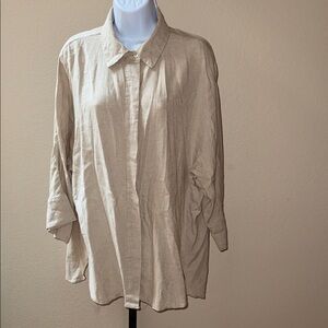 Zara Casual Beige Tan Button Down Loose Fit Bell Sleeves Linen Blend Shirt Sz M